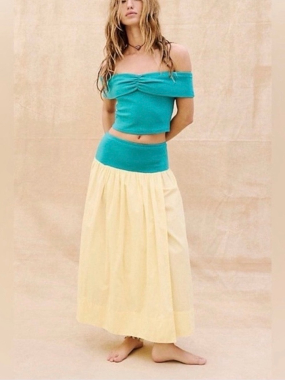 Free People Cooler In Capri Set Teal Cream Off Shoulder Boho Coastal